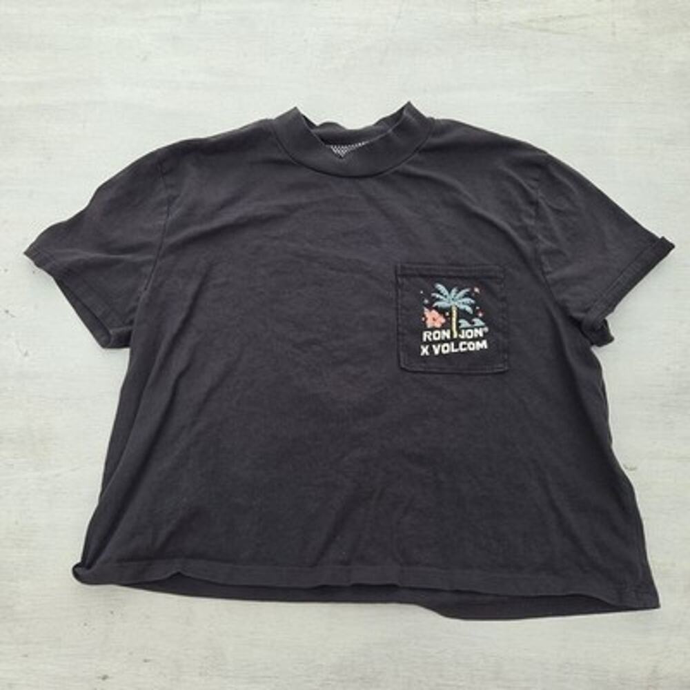 Ron Jon X VOLCOM Smash Womens Size XS Black Cropped T Shirt Short Sleeve